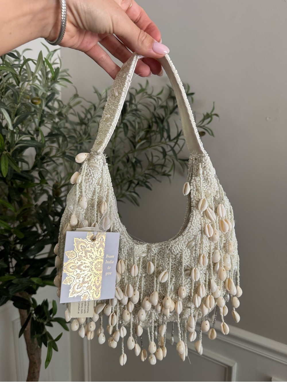 Made in India Cream & White Dangle Fringe Shell beaded shoulder bag